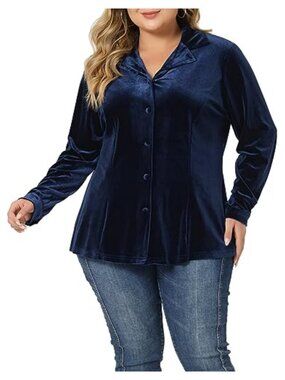 Plus Size Long Sleeve Lapel Button Down Velvet Shirt Casual Top